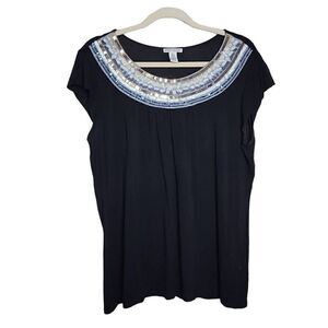Spring + Mercer Embellished Round Neck Knit Top Black Gold